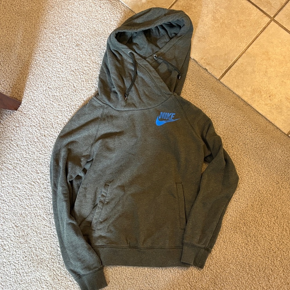 Nike  Olive Green Pullover Hoodie with Blue Logo